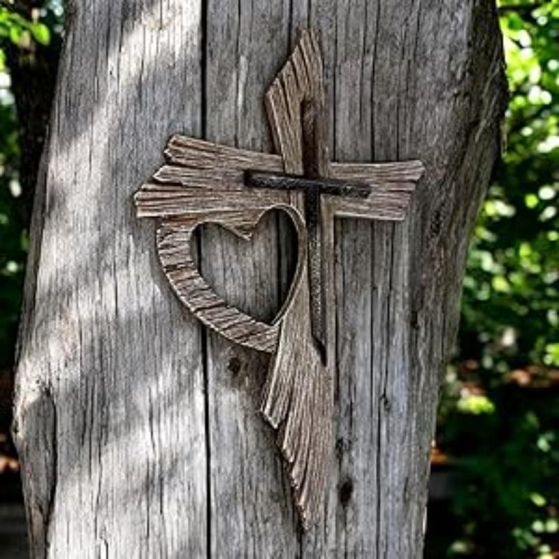 Stylish Home Décor Premium Brass Vintage Heart-Shaped Wall-Mounted Cross Multi-Layered Distressed Wood Grain Texture Jesus Spiritual Art Sculpture 12" Tall 8" Wide 1/2" Deep - Decor, Religious