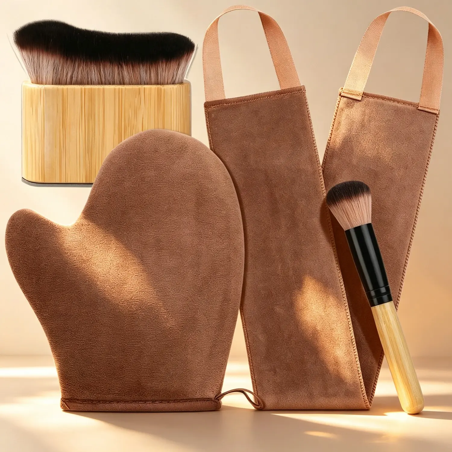 Tanning Application Tool Set, Skin Care Tools, Stain-Resistant Gloves + Back Brush + Bamboo Handle Face Brush, Soft, Waterproof, Washable, Perfect for Self-Tanner Powder/oil