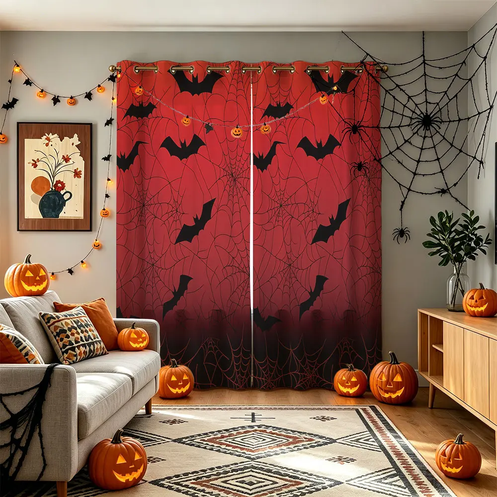 Dark Horror Halloween 2 Panel Blackout Curtains, All Over Bat Spider Web Print Window Drapes, Spooky Gothic Bedroom Decor Curtain