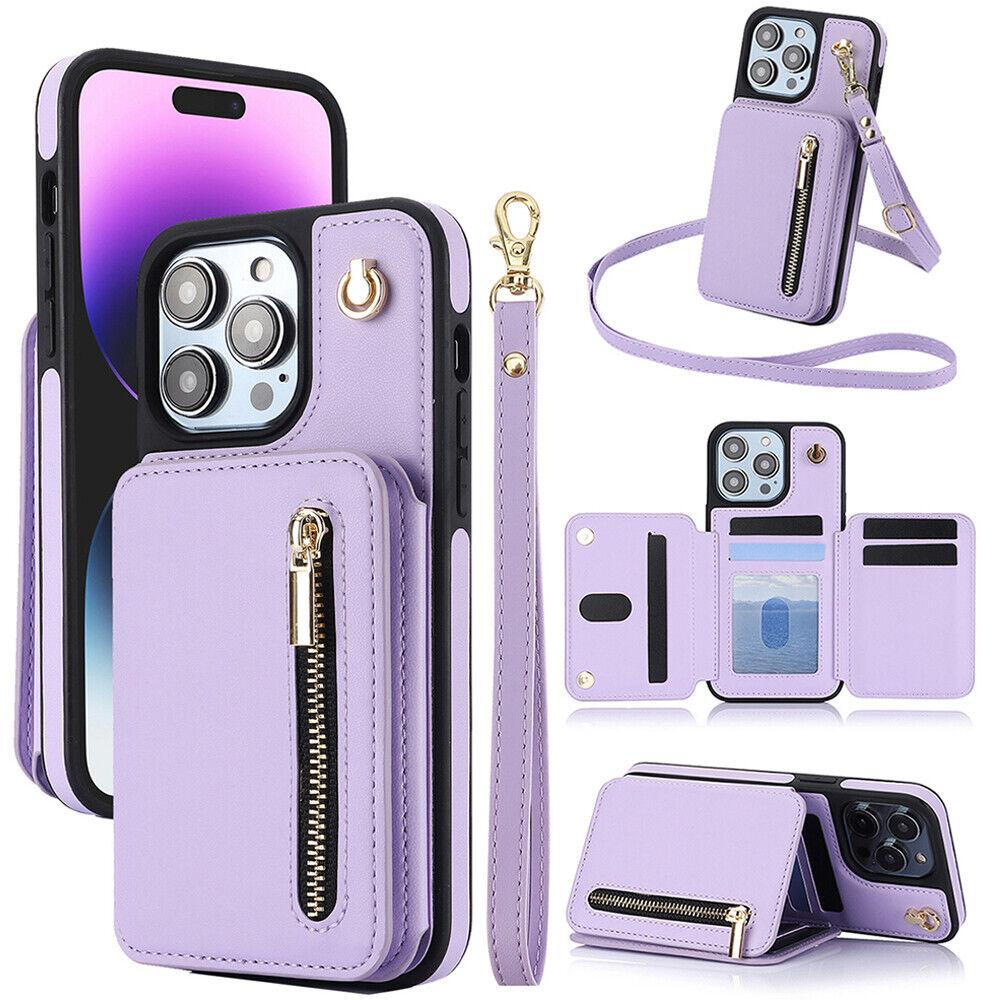 Lavender Crossbody Wallet Case for iPhone 17 Pro Max 17 Air 16 15 14 Plus 13 12 11 Pro Max PU Leather RFID Blocking Cash Holder Card Wallet Flip Stand Protective Cover with Crossbody Lanyard Strap Wristband - Protection