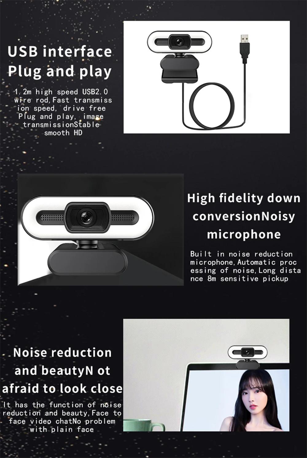 Portable Full HD Webcam PC Laptop Auto Focus Webcam Live Streaming Flexible with Microphone Live Broadcast withLight