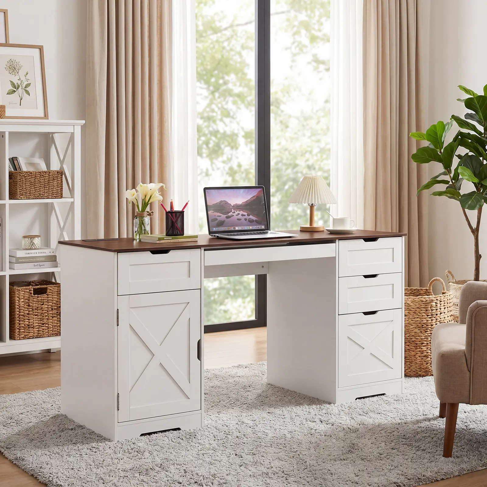 59" Computer Desk with Charging Station & 4 Drawers, Farmhouse Office Desk with Pull Out Keyboard Tray & Adjustable Shelves, Large Wood Writing Desk for Home Office & Studio