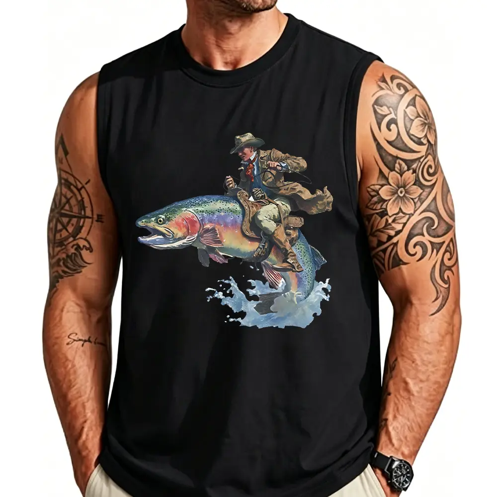 Vintage Washed Cotton Western Cowboy Trout Fishing Tank Top | Unisex Oversized Funny Outdoor Graphic Vest Retro Humor Streetwear Sleeveless Top