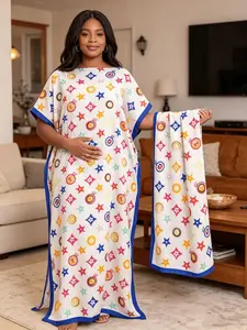 Plus Size Women's Two-Piece Set: Long Kaftan Dress with Multicolor Round Mandala Print & Matching Headscarf. Casual Boho Chic Silky Satin Loose Batwing Sleeve Beach Cover-Up, Loungewear Nightdress. Suitable for Vacation, Poolside and Daily Loungewear