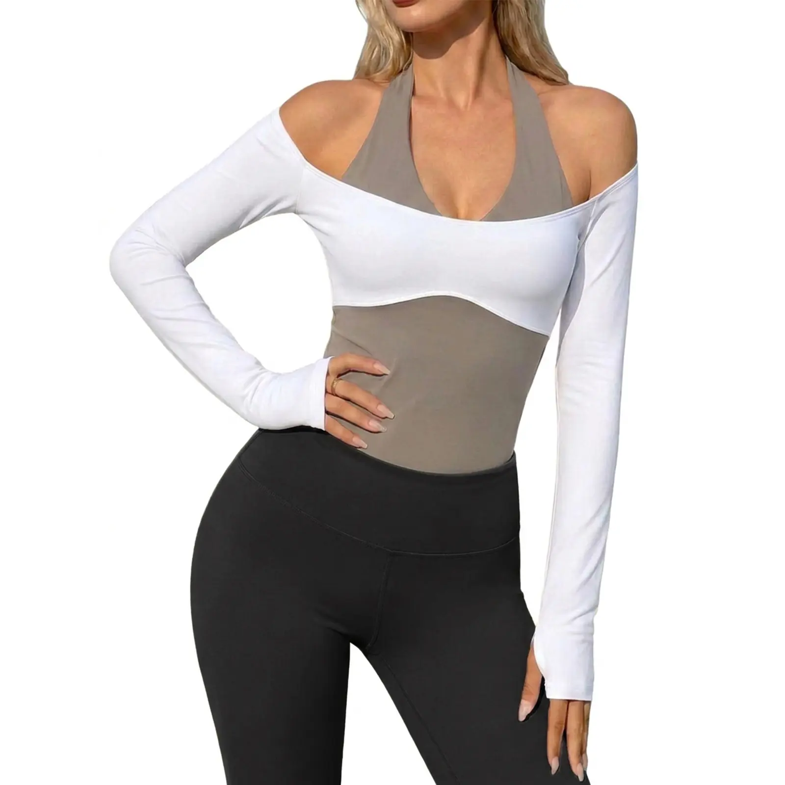 Aoysky Womens Off Shoulder Halter Crop Tops Long Sleeve Shirts Built in Bra