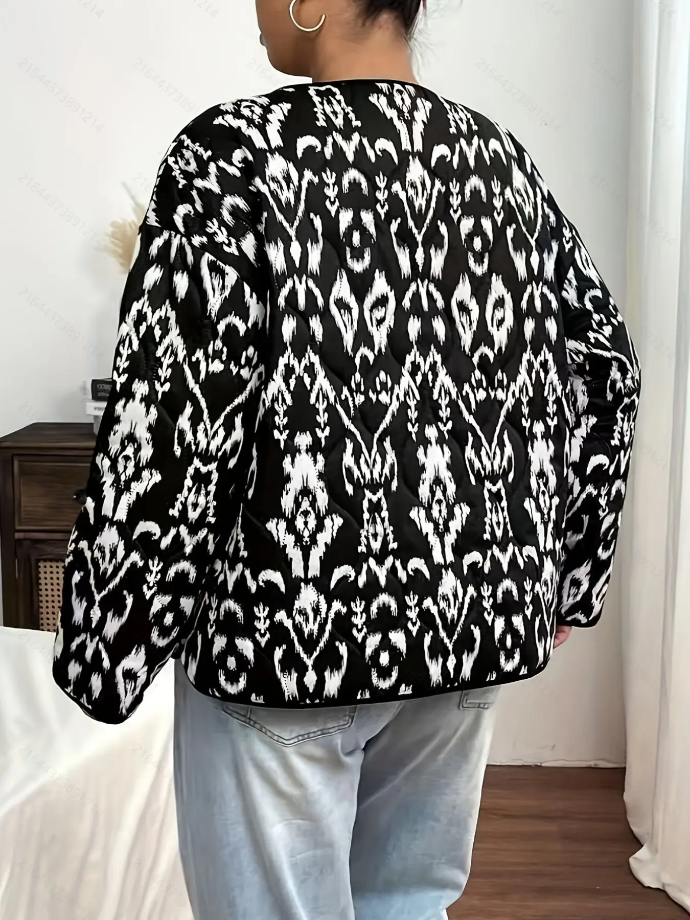 Women's Plus Size Fall Winter Round Neck Button Pocket Animal Abstract Pattern Cotton Coat, Casual Fashion Commute Versatile Comfortable Outerwear