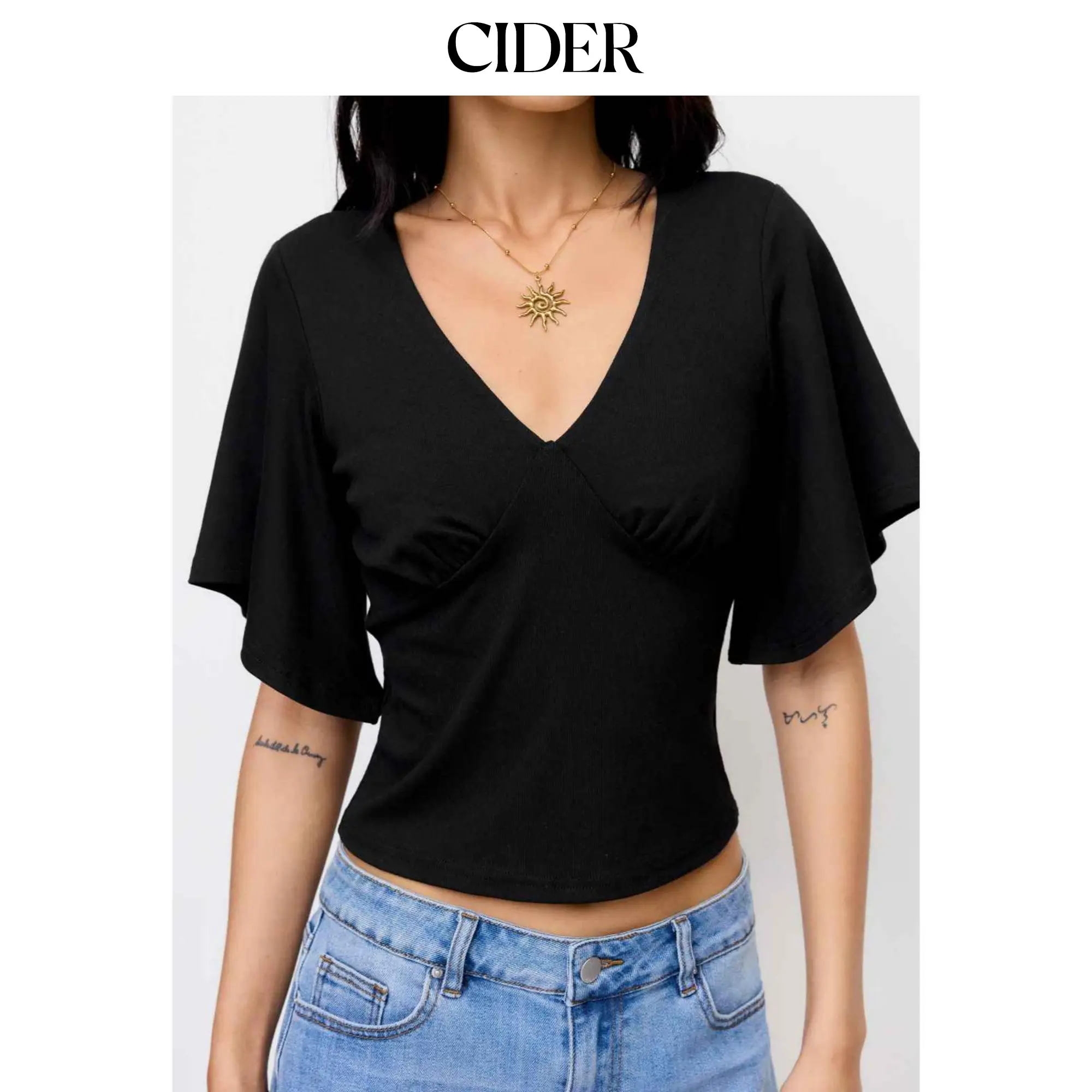 Cider V-neck Ruched Short Bell Sleeve Top