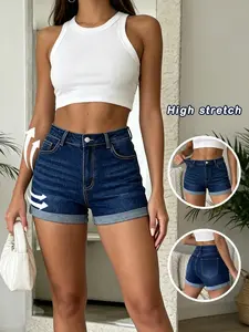 Women's High-Waisted Stretch Denim Shorts, Rolled Hem Slim Fit, Casual Summer Pants, Everyday Wear, Versatile and Comfortable
