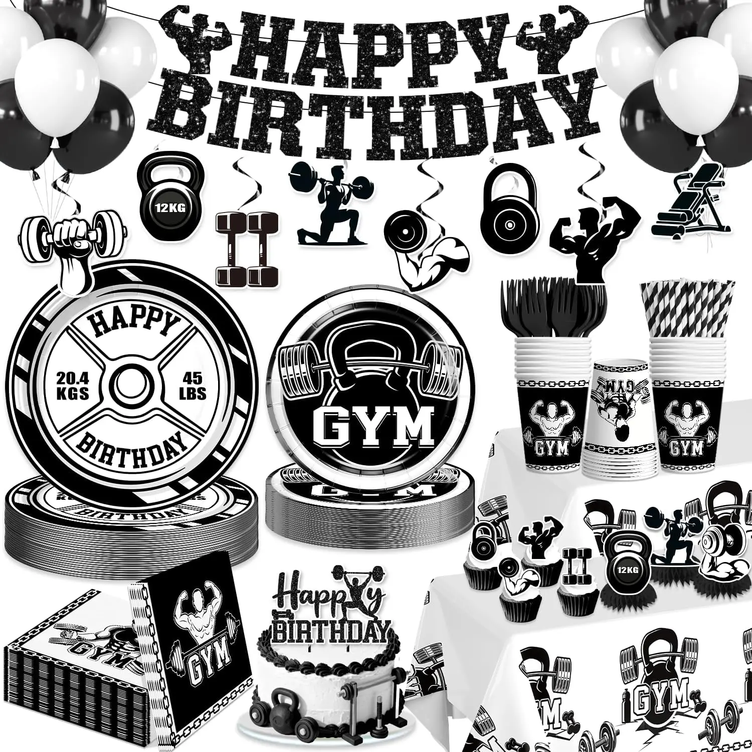 Gym Birthday Decorations for 25 Guests, 205PCS All-in-One Black & White Fitness Party Supplies with Banner, Paper Plates, and Tablecloth, Easy Setup Workout & Weightlifting Themed Party Decor