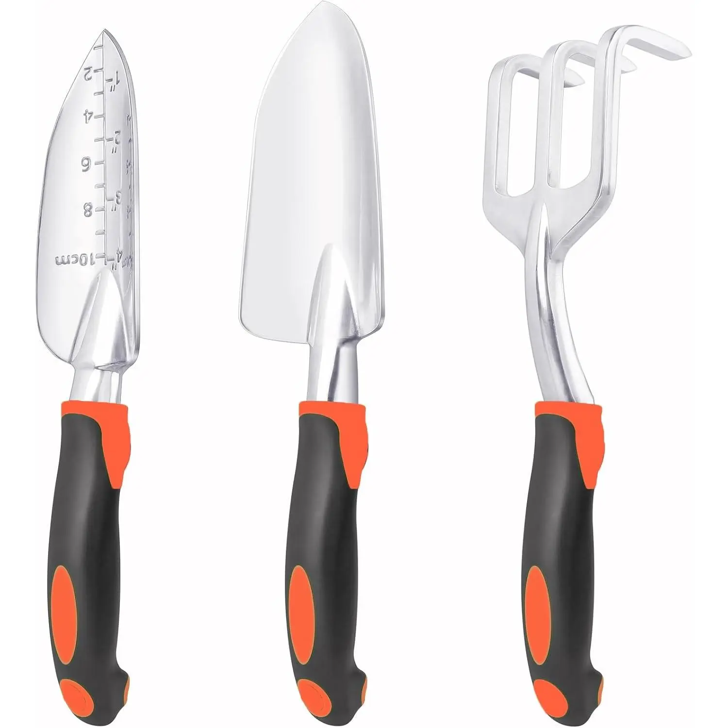 Garden Tools Set, 3 Pack Heavy Duty Gardening Tools Set Include Garden Shovel, Transplant Trowel and Hand Rake with Ergonomic Handle, Aluminum Alloy Lawn for Planting, Orange