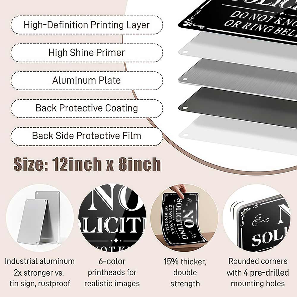 No Soliciting Do Not Knock Or Ring Bell Metal Sign 12x8 In Aluminum, Vintage Front Door Tin Sign, Retro No Soliciting Wall Art for Home, Porch, Entryway, Funny Do Not Knock Plaque, 12x8 Inch Aluminum Sign