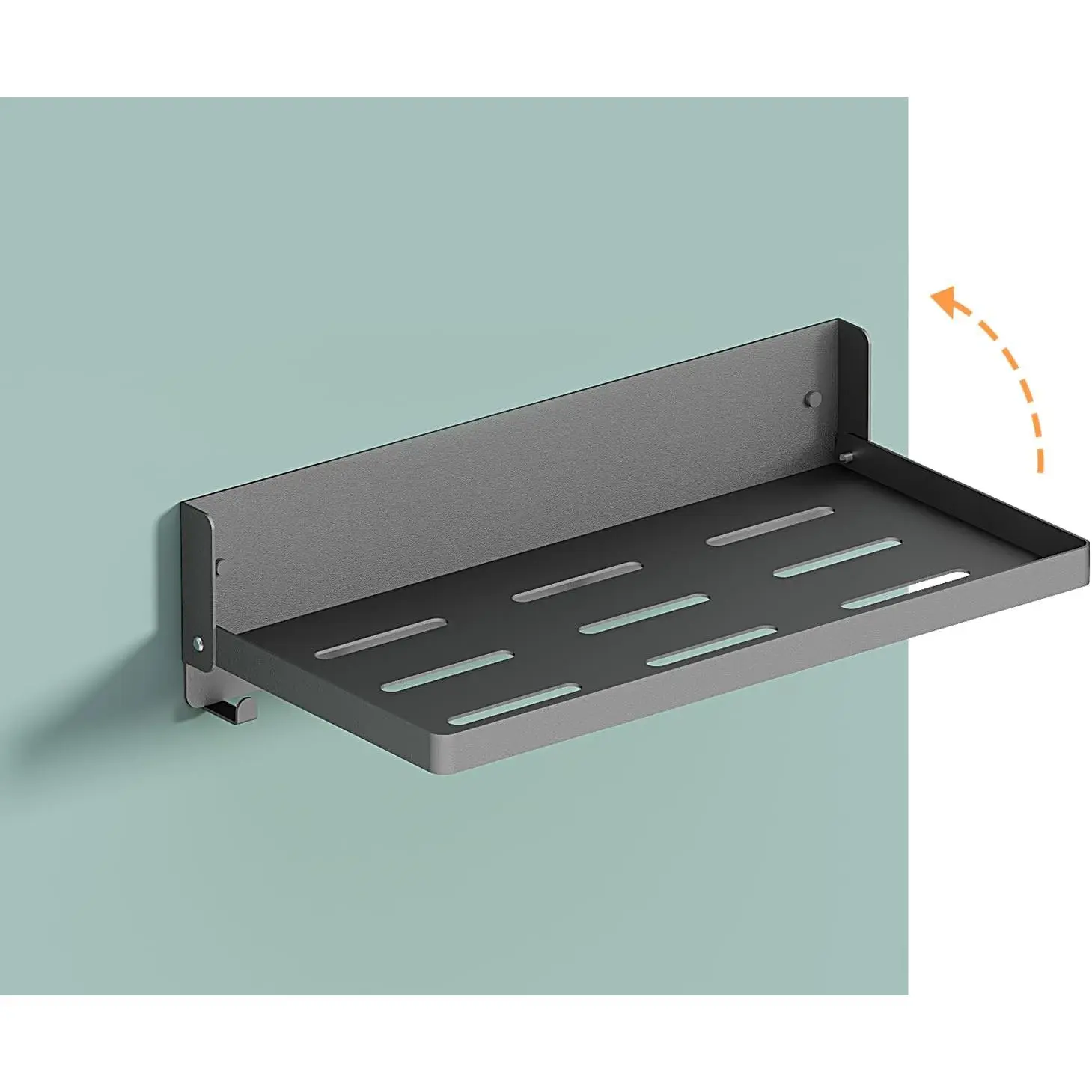 Small Folding Metal Shelf with Hooks, Fold-up Wall Shelf, 6 Hooks, Drop Down Floating Shelf for Laundry Room, Kitchen, RV, Toilet Room, Garage, Utility, Black(11.8", 1 Pack)