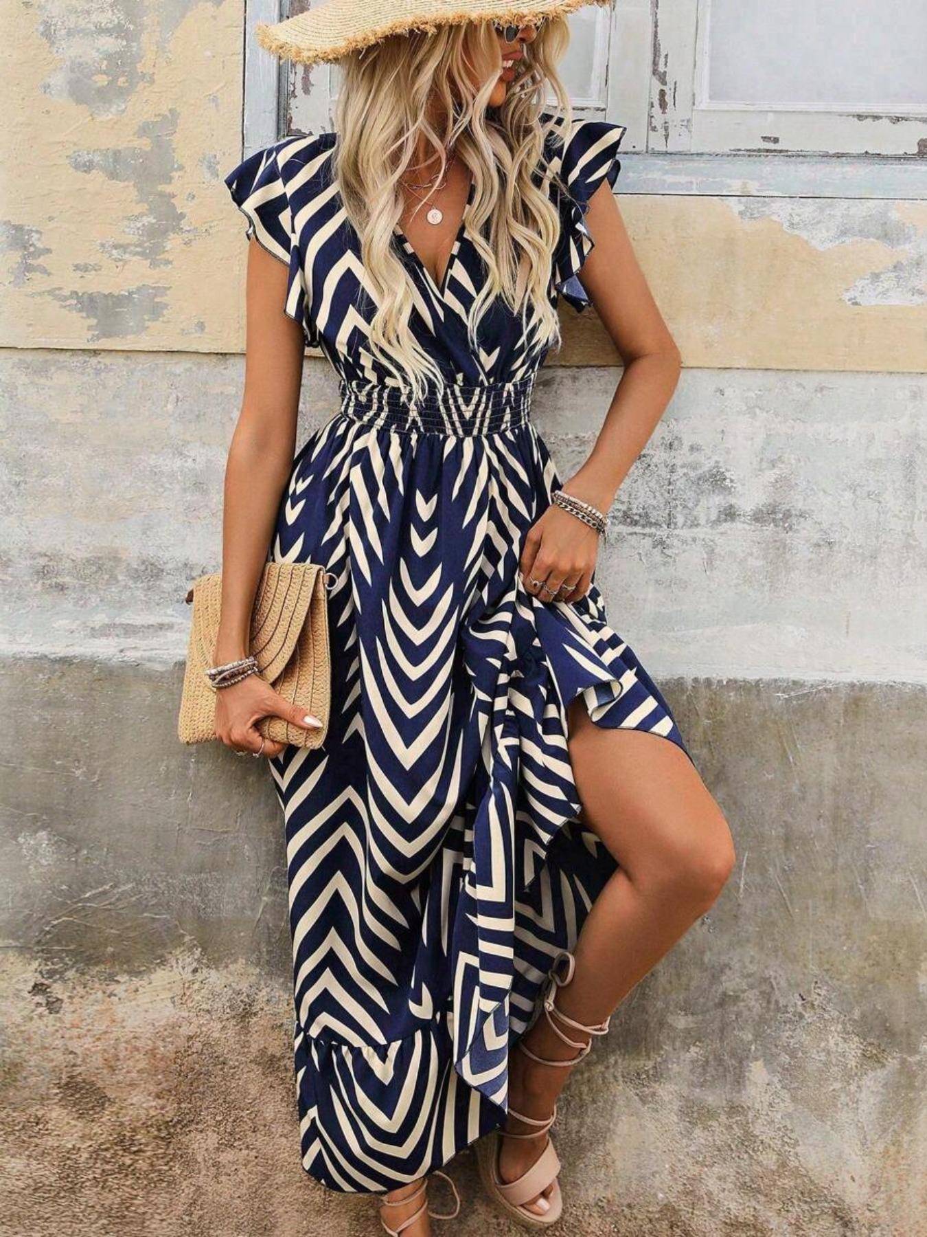 Women's All Over Print Ruffle Trim Butterfly Sleeve Long Dress, Boho Cap Sleeve V Neck Wrap A Line Dress for Holiday Vacation, Summer Outfits 2024, Ladies Dress for Summer