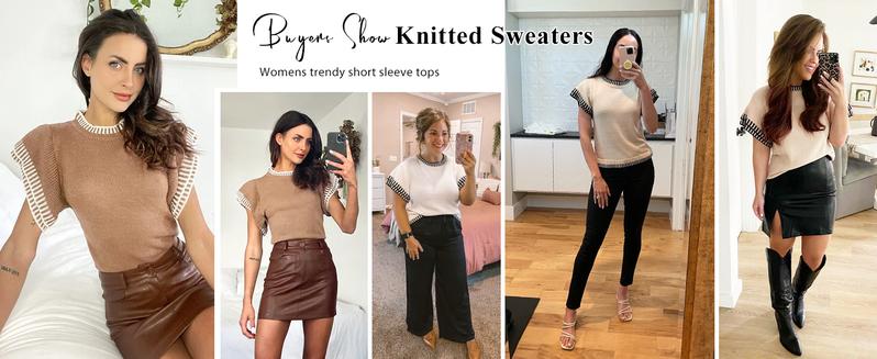 Saodimallsu Womens Short Sleeve Sweaters Tops Summer Ruffle Striped Loose Crew Neck Lightweight Soft Shirts Knit Sweater