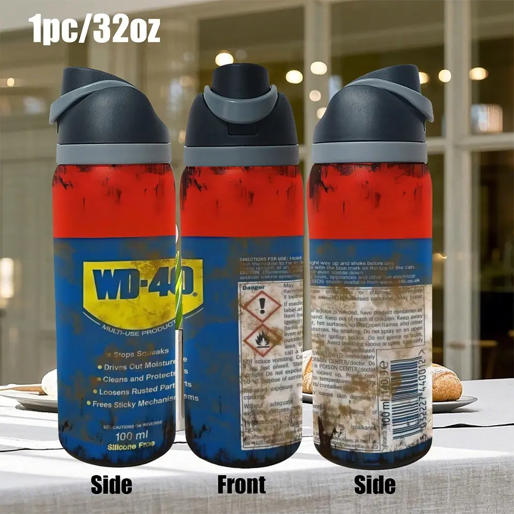 1pc 32oz WD-40 Funny Can Print Stainless Steel Insulated Water Bottle Leakproof Sports Travel Flask