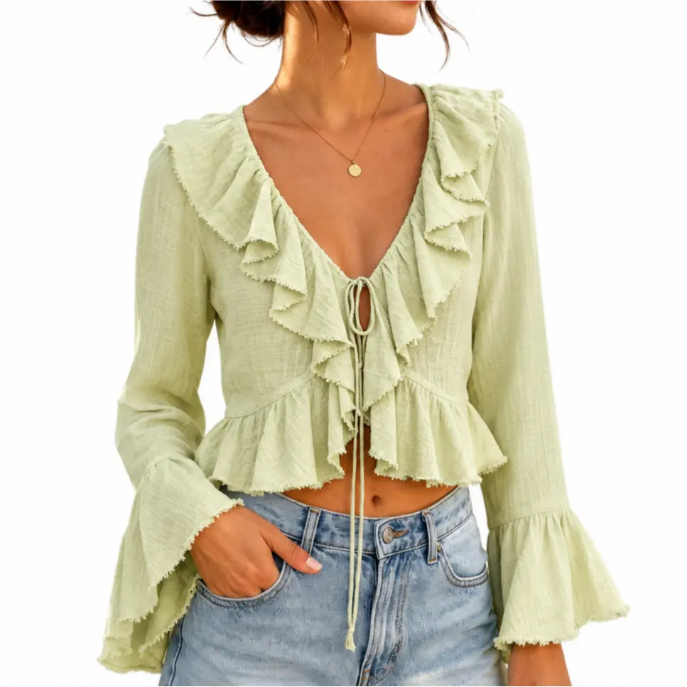 Boho Bell Sleeve Crop Top for Women, Ruffle V-Neck Tie-Front Peplum Blouse, Cotton 70s-Inspired Country Concert Going-Out Top