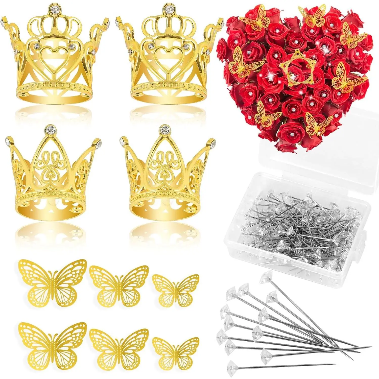 140 Pcs Flower Bouquet Accessories Set, 4 Pcs Mini Gold Crown, 36 Pcs 3D Gold Butterfly Stickers and 100 Pcs Diamond Pins for Cake Topper Mother's Day Wedding Birthday Party Decoration