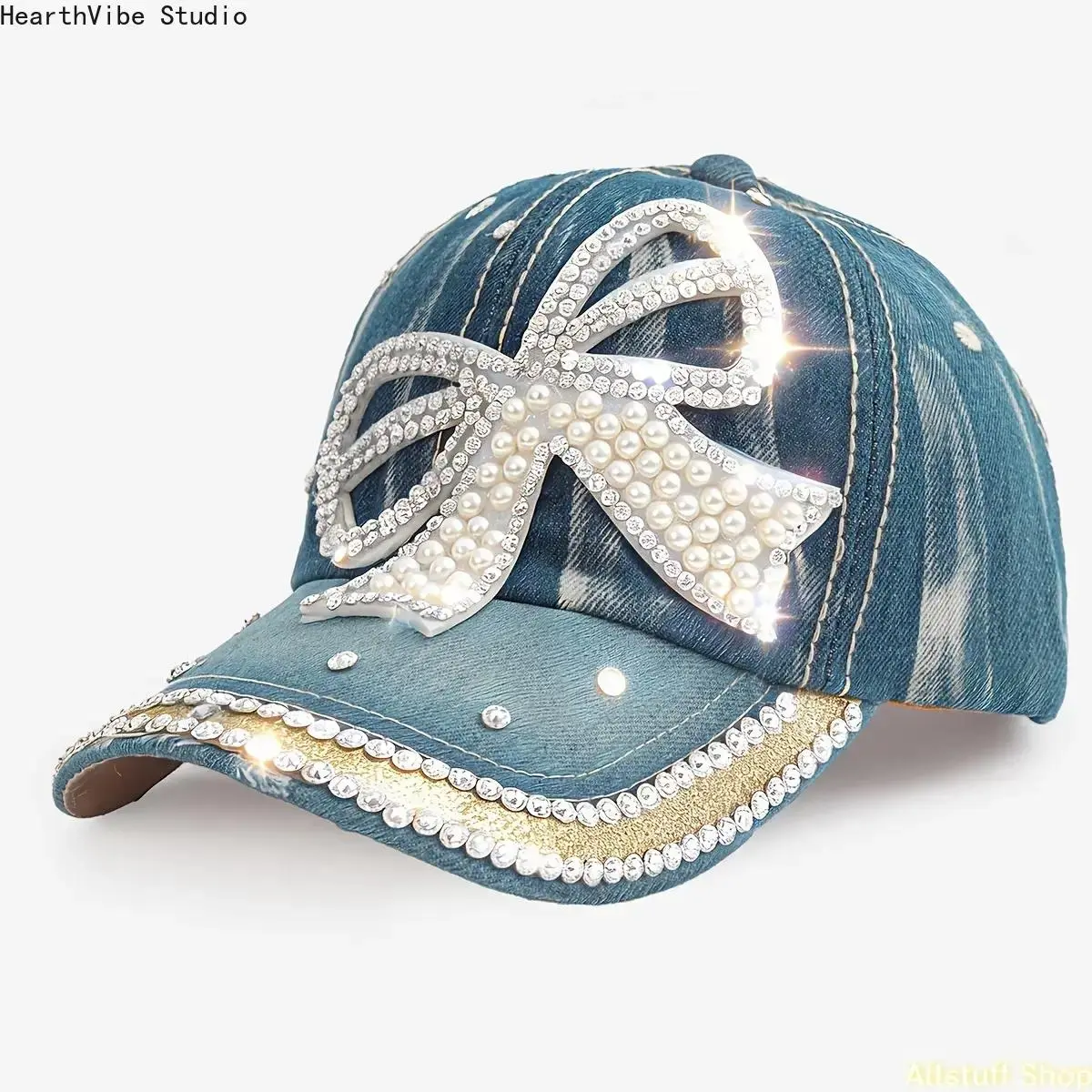 Women's Distressed Denim Trucker Hat with Rhinestones and Vintage Bow, Coquette Aesthetic Bling Baseball Cap for Summer Outdoor Styling, Trucker Hats