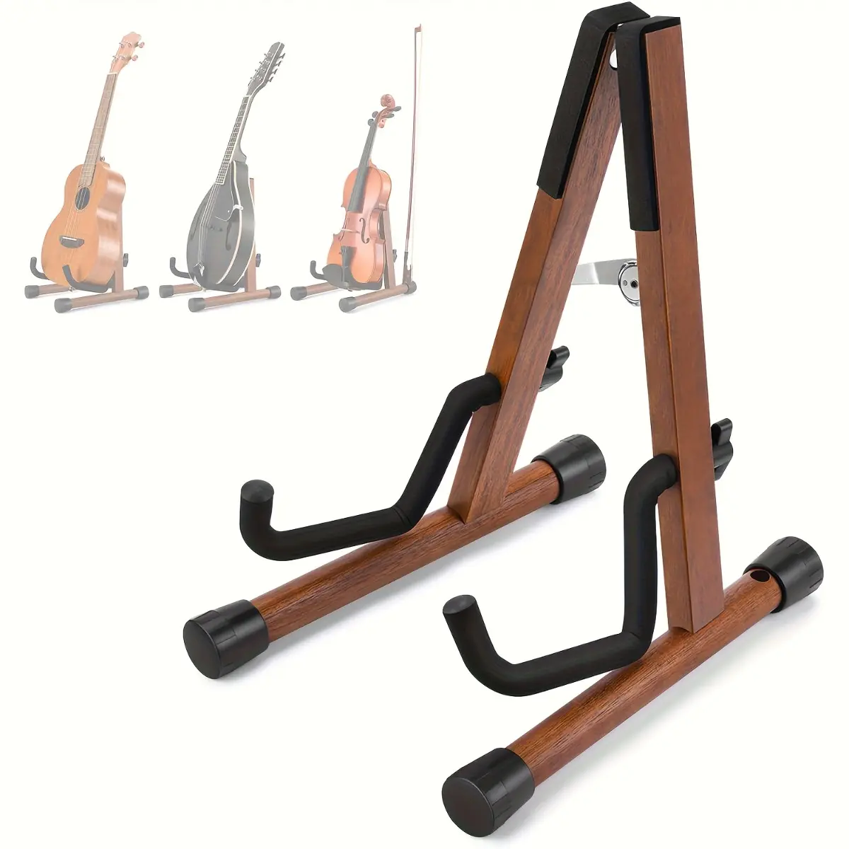 Walnut Wood Finish A-Frame Guitar Stand - Foldable Floor Stand for Acoustic, Electric Guitars, Ukulele & Banjo - Portable Musical Instrument Display Holder for Home Studio and Stage Performance