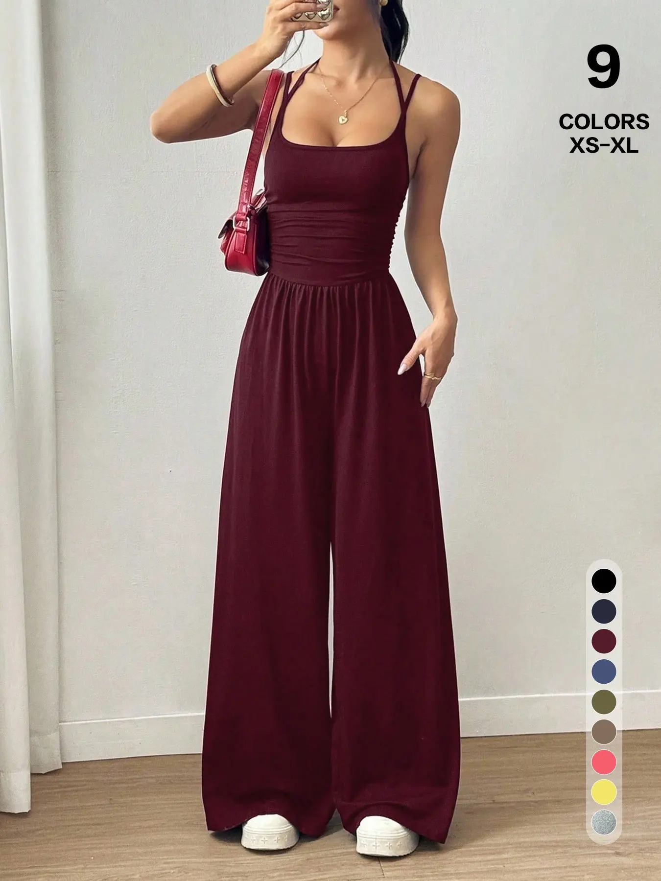 Women Spaghetti Strap Jumpsuit, Ruched Waist, Wide Leg, Sleeveless, Loose Fit, Casual Romper, All Seasons, Plain Surface, China Made