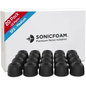 SF2 Medium Black Memory Foam Earbud Tips for Earbuds with Speaker Diameter 4.4-5.7mm (20 Pack / 10 Pairs)