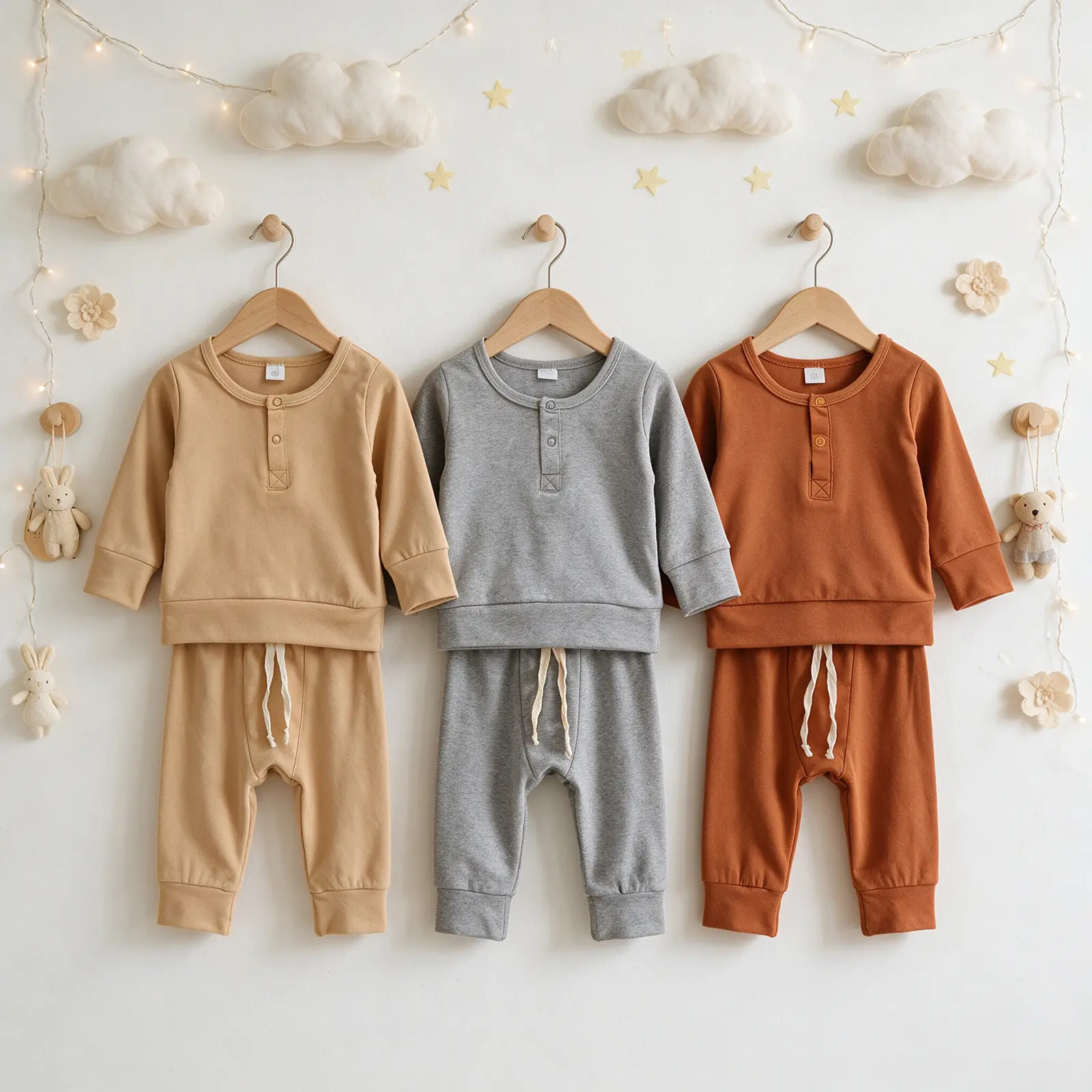 2Pcs Toddler Outfits, Solid-Color O-Neck Long-Sleeves Button Front Top + Elastic-Waist Pants for Baby Boys, Girls, 0-18 Months