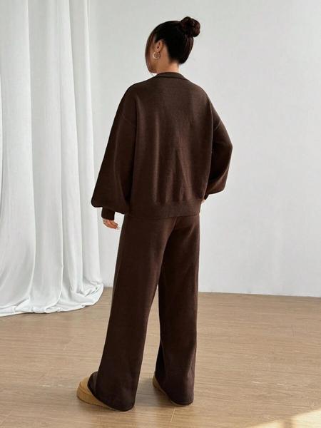 Women's 2 Pcs Tie Front Cardigan Sweater Set, Solid Long Sleeve V Neck Cardigan Sweater & Pants Two-piece Set, Casual Fashion Cozy Knitwear Set for Daily Outdoor Wear, Women Knitwear for Fall & Winter, Women Fall Loungewear set