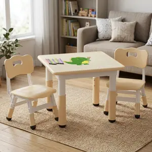 Height Adjustable Kids Table and 2 Chairs Set with Easy Clean Graffiti Desktop, Non Slip Legs Multi Activity Play Furniture for Playroom Nursery Study Area, Suitable for 2-10 Years Old Children, Beige