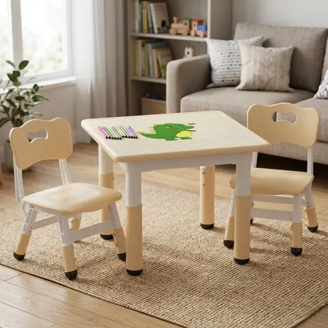 Height Adjustable Kids Table and 2 Chairs Set with Easy Clean Graffiti Desktop, Non Slip Legs Multi Activity Play Furniture for Playroom Nursery Study Area, Suitable for 2-10 Years Old Children, Beige