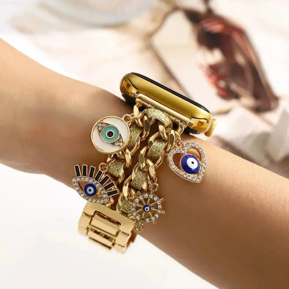 Women's Smartwatch Band, Evil Eye Charm Metal Chain, Jewelry Bracelet Strap For Daily Wear And Parties, Y2K Aesthetic Sparkly Rhinestone Replacement Wristband