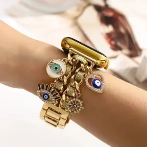 Women's Smartwatch Band, Evil Eye Charm Metal Chain, Jewelry Bracelet Strap For Daily Wear And Parties, Y2K Aesthetic Sparkly Rhinestone Replacement Wristband