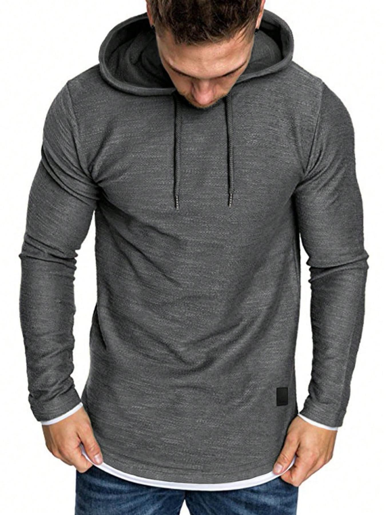 Men's Regular Fit Patched Drawstring Jersey Hoodie, Casual Fitted Long Sleeve Contrast Binding Sweatshirt for Spring & Fall, Fashion Men's Clothes for Daily Wear