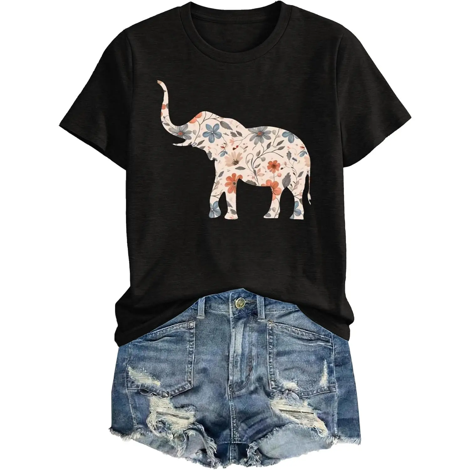 Elephant Floral Silhouette Graphic Tee - Boho Spirit Animal T-Shirt