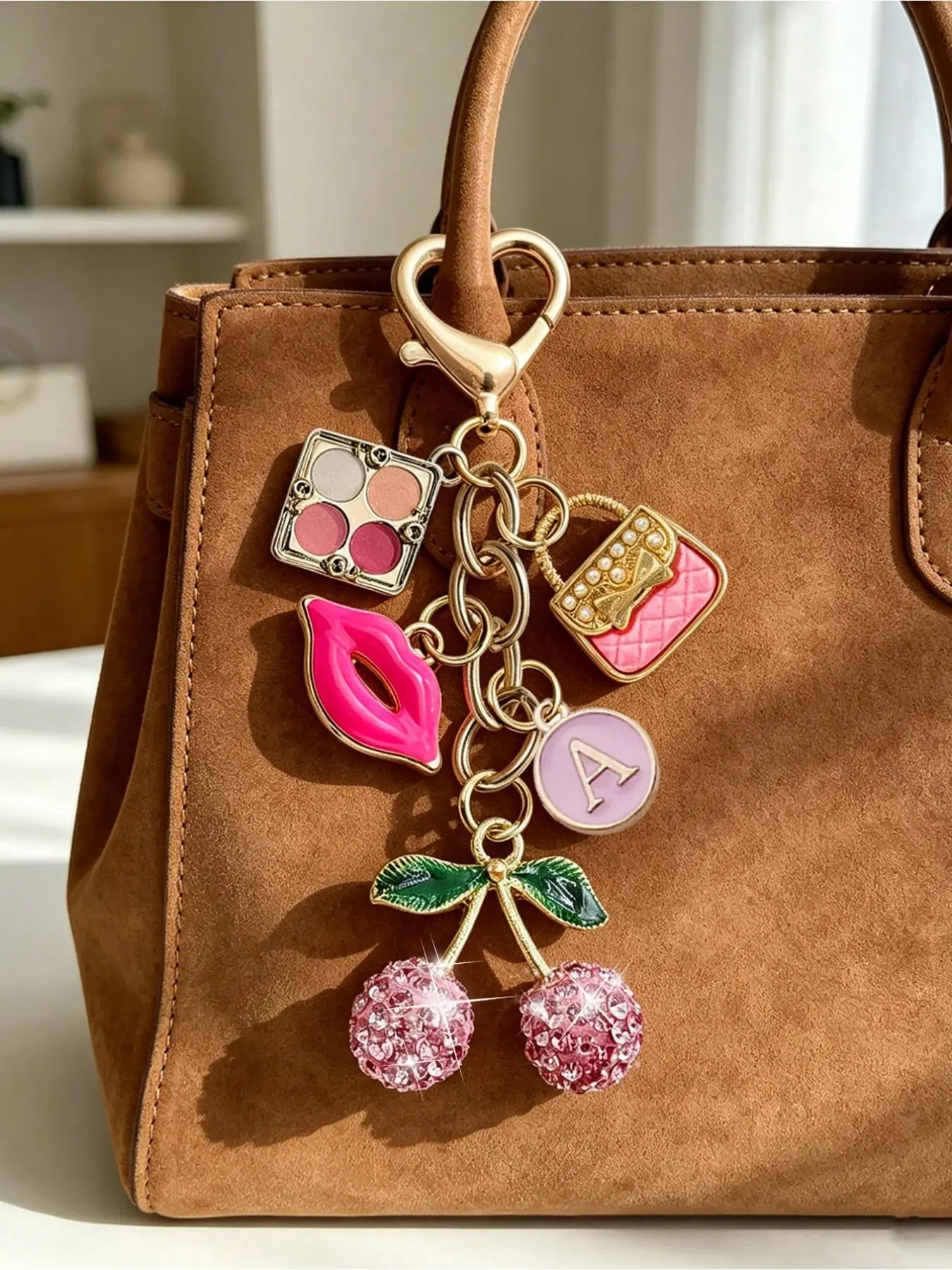 Elegant Diamond-Embedded Cherry Keychain, Makeup Theme Pendant, Letter A-Z, Y2K Style, Cute Cherry, Summer, Backpack Accessory