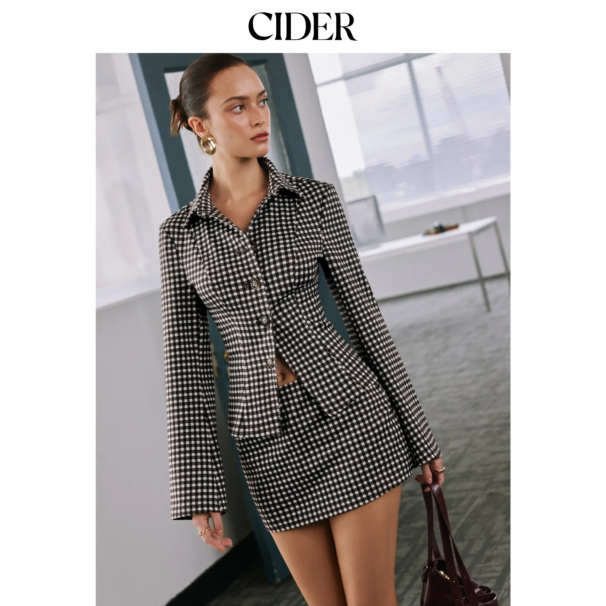 Cider Gingham Bell Sleeve Top & Mid Rise Bodycon Mini Skirt Set