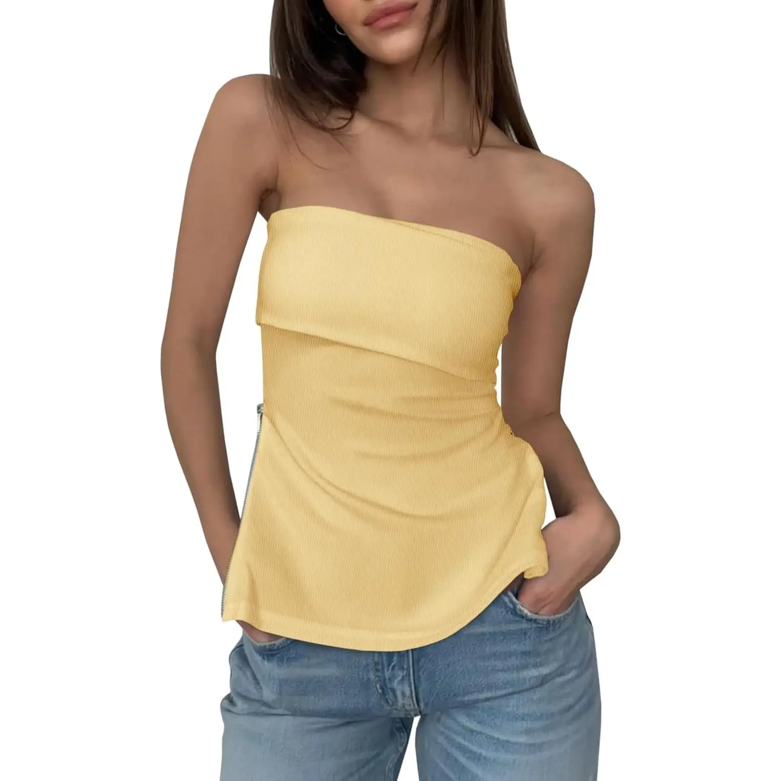 Cicy Bell Womens Strapless Tube Tops Fitted Ribbed Knit Y2K Going Out T Shirts Summer Side Zipper Backless Bandeau Tops