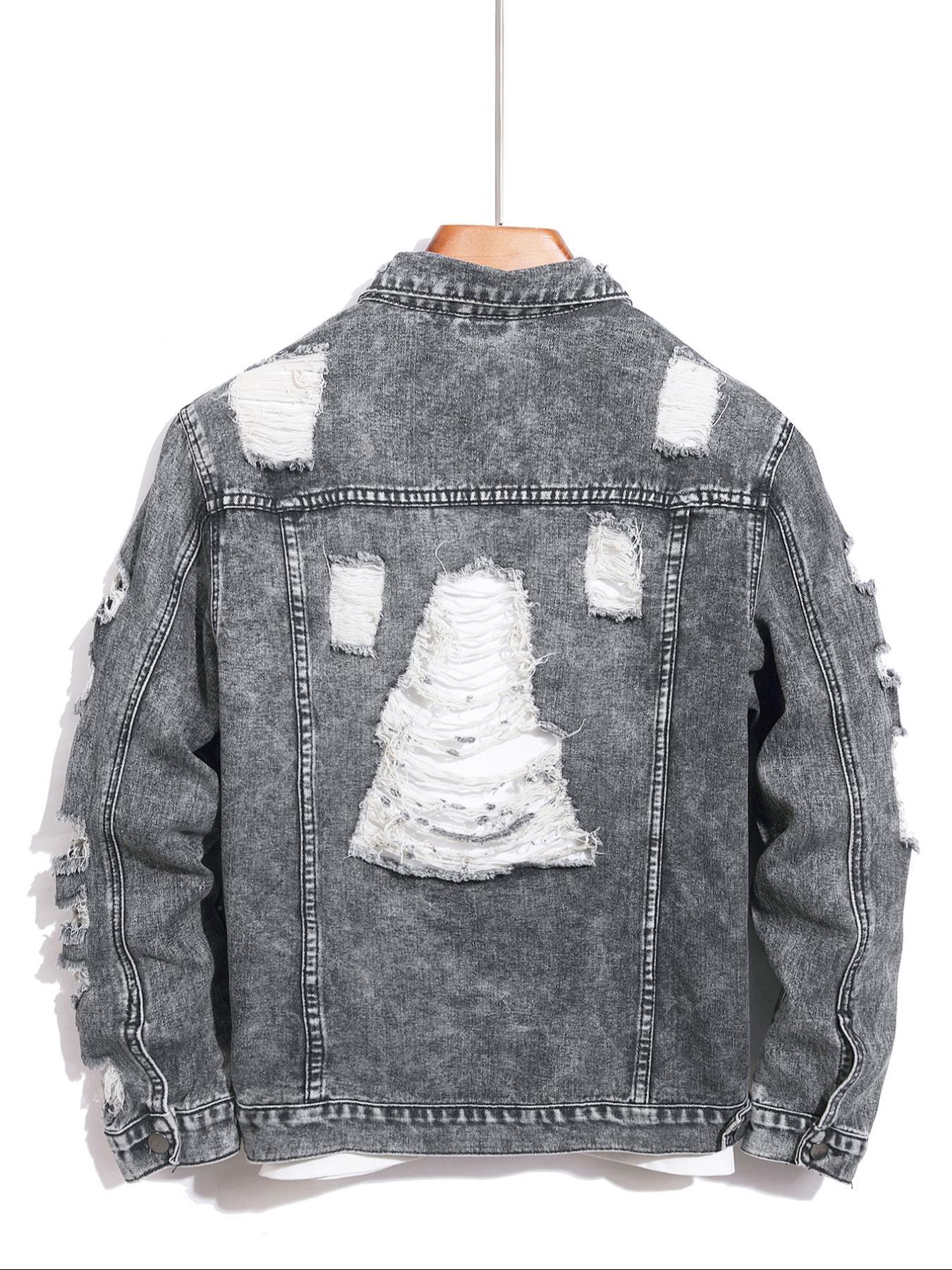 Men's Distressed Ripped Denim Jacket, Denim Jean Jacket, Fashion Comfy Longsleeves Outerwear for Daily Wear, Men's Clothing for All Seasons, Cotton Menswear, Casual Style Outerwear, Casual Fall Jacket, Casual Jacket Coat, Clothe, Vintage Street Wear