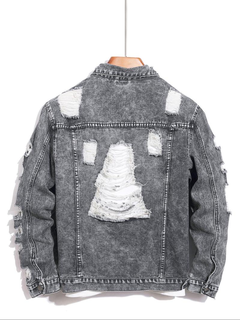 Men's Distressed Ripped Denim Jacket, Denim Jean Jacket, Fashion Comfy Longsleeves Outerwear for Daily Wear, Men's Clothing for All Seasons, Cotton Menswear, Casual Style Outerwear, Casual Fall Jacket, Casual Jacket Coat, Clothe, Vintage Street Wear