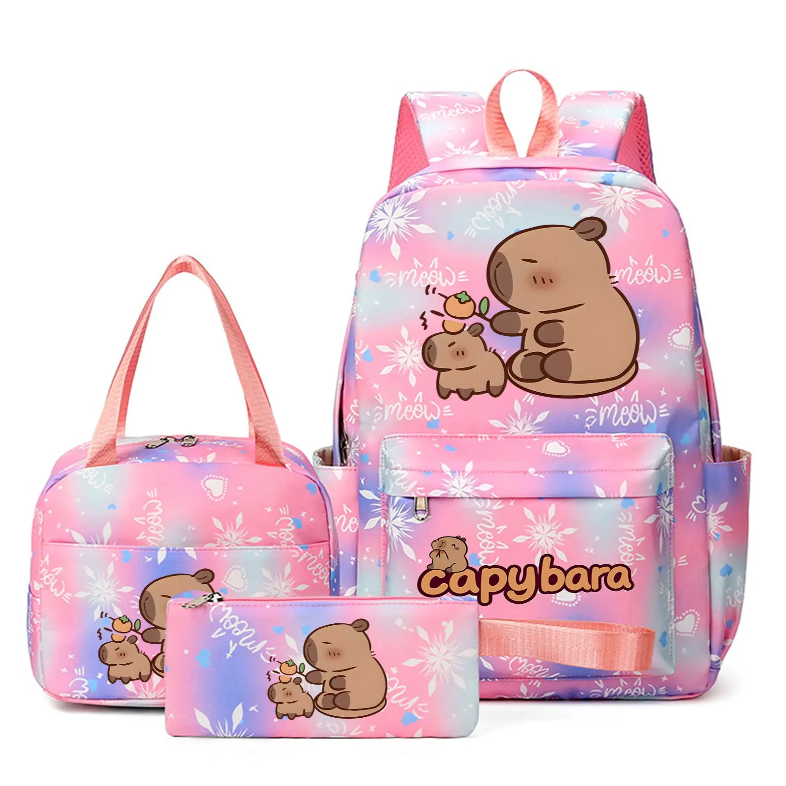 Snowflake Pattern Backpack Set, Cute Capybara Print, School Supplies,carpincho backpack， Laptop Compartment, Lunch Bag, Pen Case, Adjustable Straps, Gift Idea