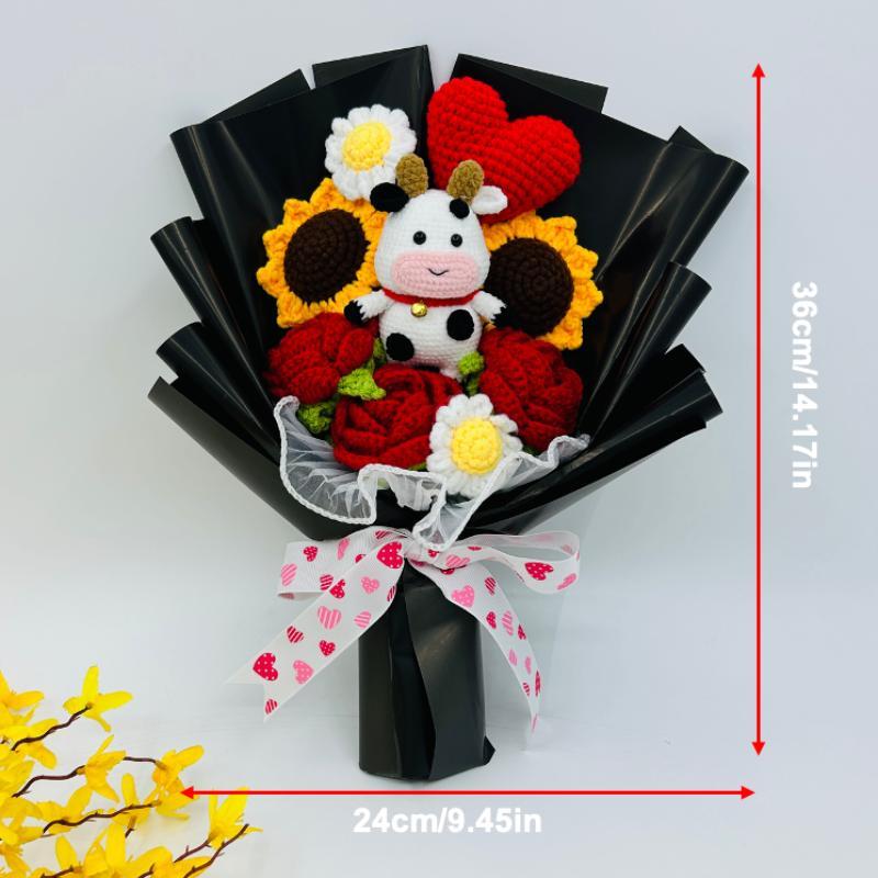 Crochet Sunflower and Cow Plush Bouquet, Handmade Knitted Flower Bouquet, Artificial Faux Rose Bouquet Arrangement, Artificial Flower Arrangements for Home, Party, Wedding, Anniversary and Festival Decor