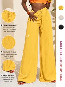 Summer Vacation Style Textured Wide Leg Pants, Womenswear High Waist Flowy Loose Fit Slimming Casual Floor-Length Trousers for Various Occasions
