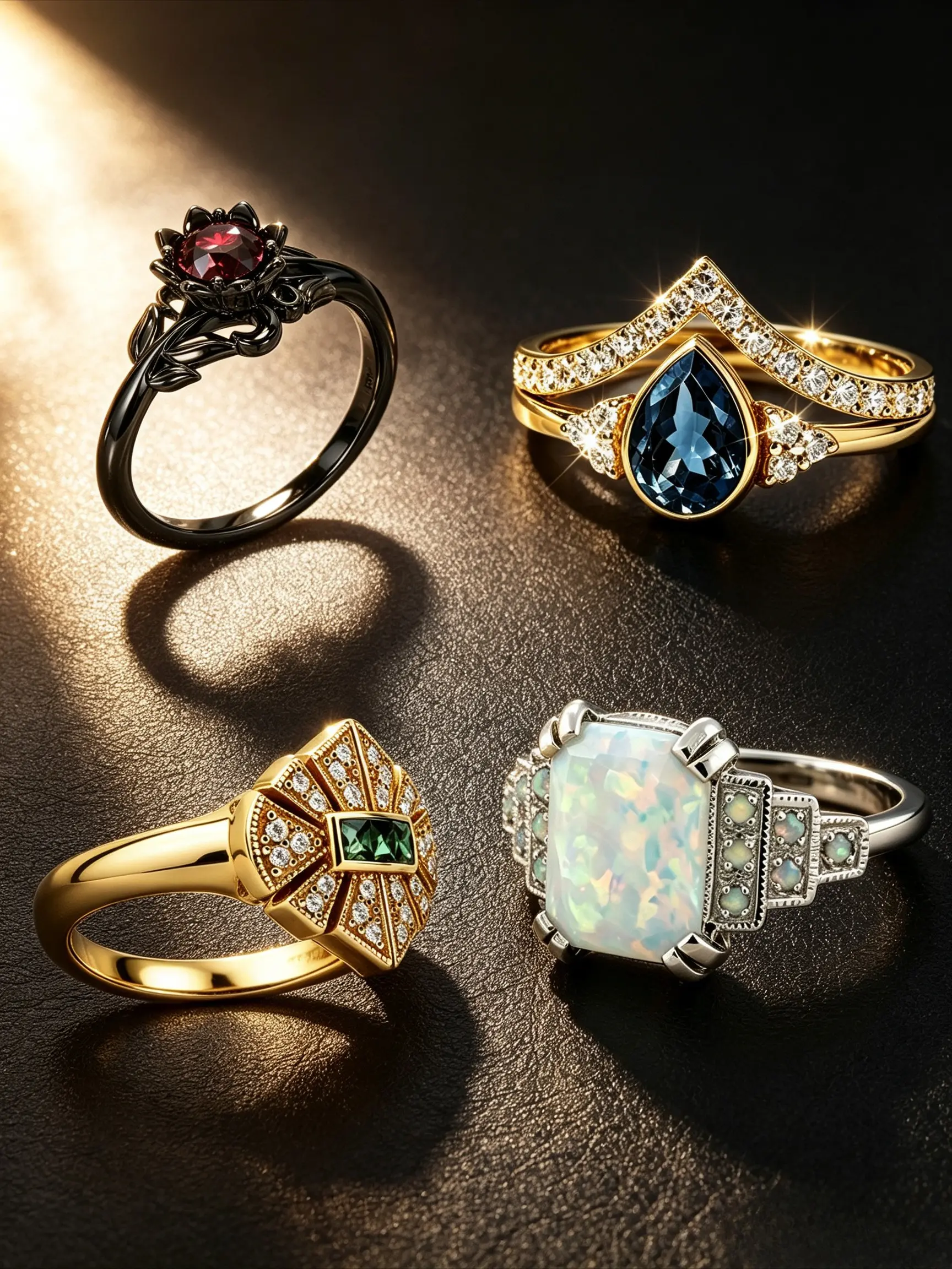 4 Pcs Vintage Simulated Gemstone Ring Set, Gothic Lotus Ruby, Pear London Blue Topaz Stackable Bands, Art Deco Emerald Cocktail Ring, Rectangle Flash Opal Filigree Ring, Multi Style Engagement Evening Finger Jewelry Gift For Women