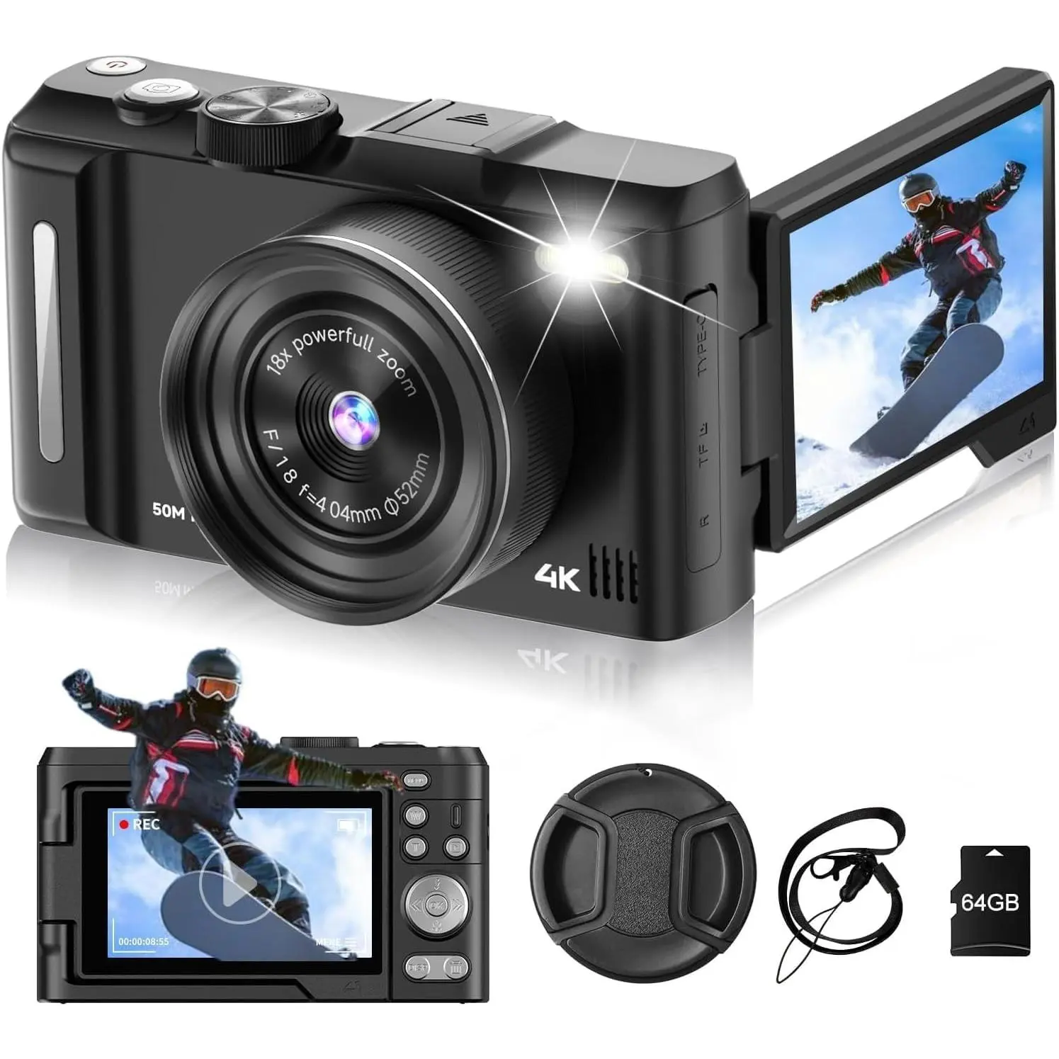 4K Digital Camera for Photography, 3" 180° Flip Screen with 64GB Card | 50MP Vlogging Camera, 4K Video Recording, 18X Digital Zoom, -In Flash, Compact Travel Size,  For Teens & Beginner