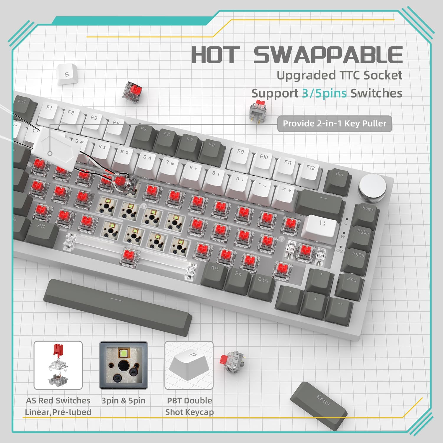 AJAZZ AK820 Wired Mechanical Gaming Keyboard, 75% Layout 82-Key Hot-Swappable Design with Metal Volume Knob, Gasket Structure and 5-Layer Filled PBT Keycaps, Ergonomic Keyboard for Esports & Office Use, Mechanical Keyboards #GLOBAL PICKS