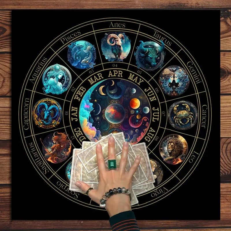 1pc Zodiac Wheel Tarot Cloth, 12 Constellation Monthly Calendar Astrology Altar Cloth, Golden Cosmic Galaxy Table Mat, Multi Purpose Wall Tapestry Home Table Decor