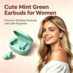 Cute Mint Green Wireless Earbuds for Women, Mini In-Ear Headphones with Charging Case, 24H Playtime, Lightweight Stereo Earphones for Music, Calls, Sports & Daily Use