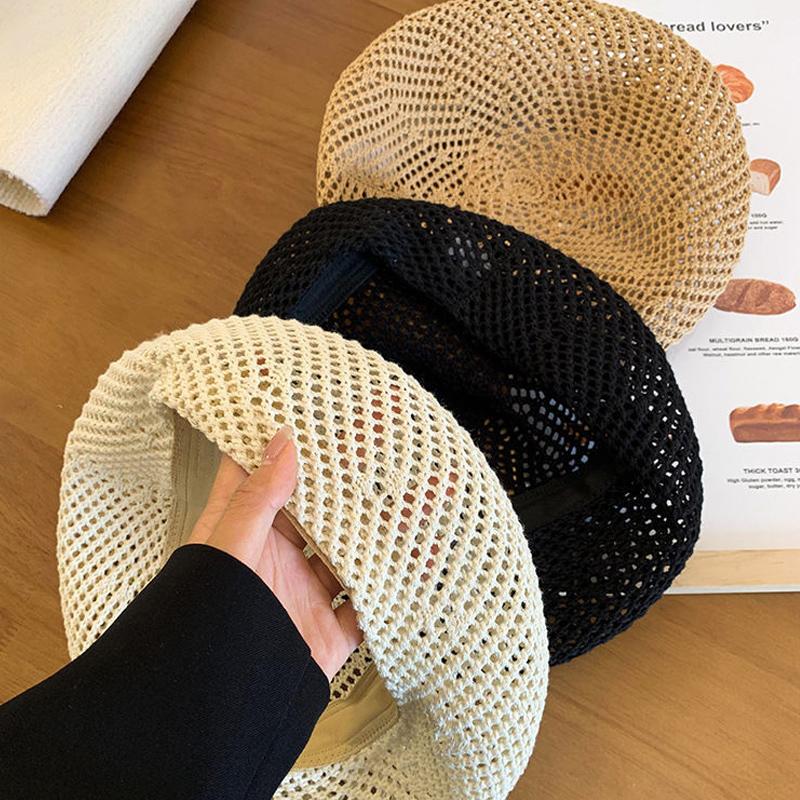 Korean Straw Woven Berets for Women Summer Thin Hollow Mesh Painter Cap Solid Color Breathable Female Lady Pumpkin Hats