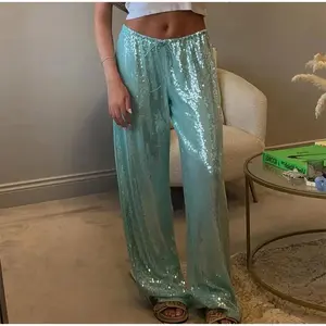 Fashion Solid Sequined Straight Pants For Women Loose High Waist Wide Leg Trousers Lady Summer Chic   High Street Pants