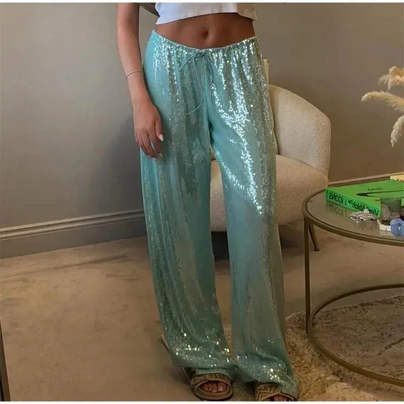 Fashion Solid Sequined Straight Pants For Women Loose High Waist Wide Leg Trousers Lady Summer Chic   High Street Pants