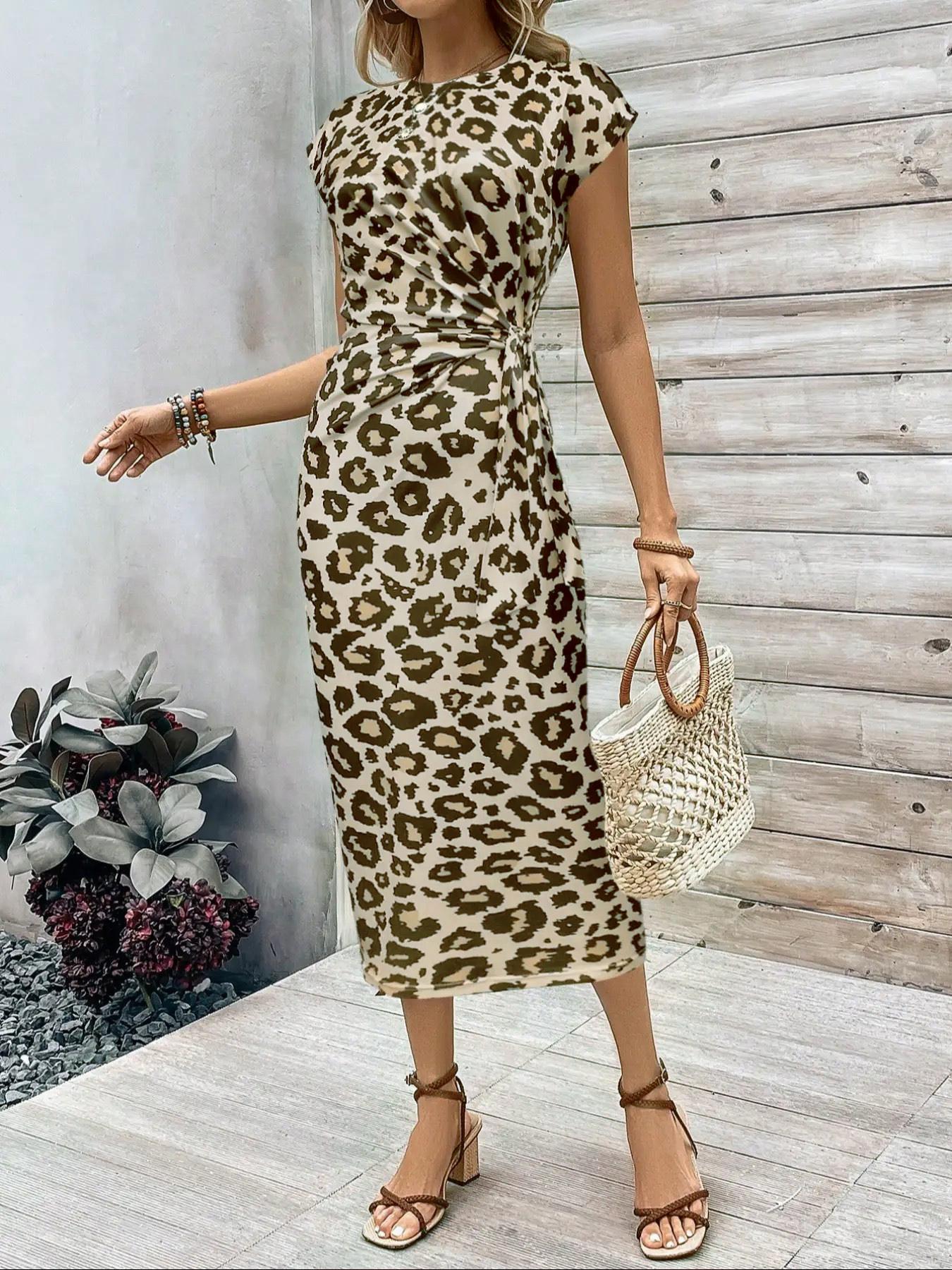 Women's Leopard Print Statement Knot Bodycon Dress, Elegant Butterfly Sleeve Round Neck Long Dress for Formal Parties, Holidays and Wedding Guests, Ladies Summer Clothes, Elegant Dress for Women
